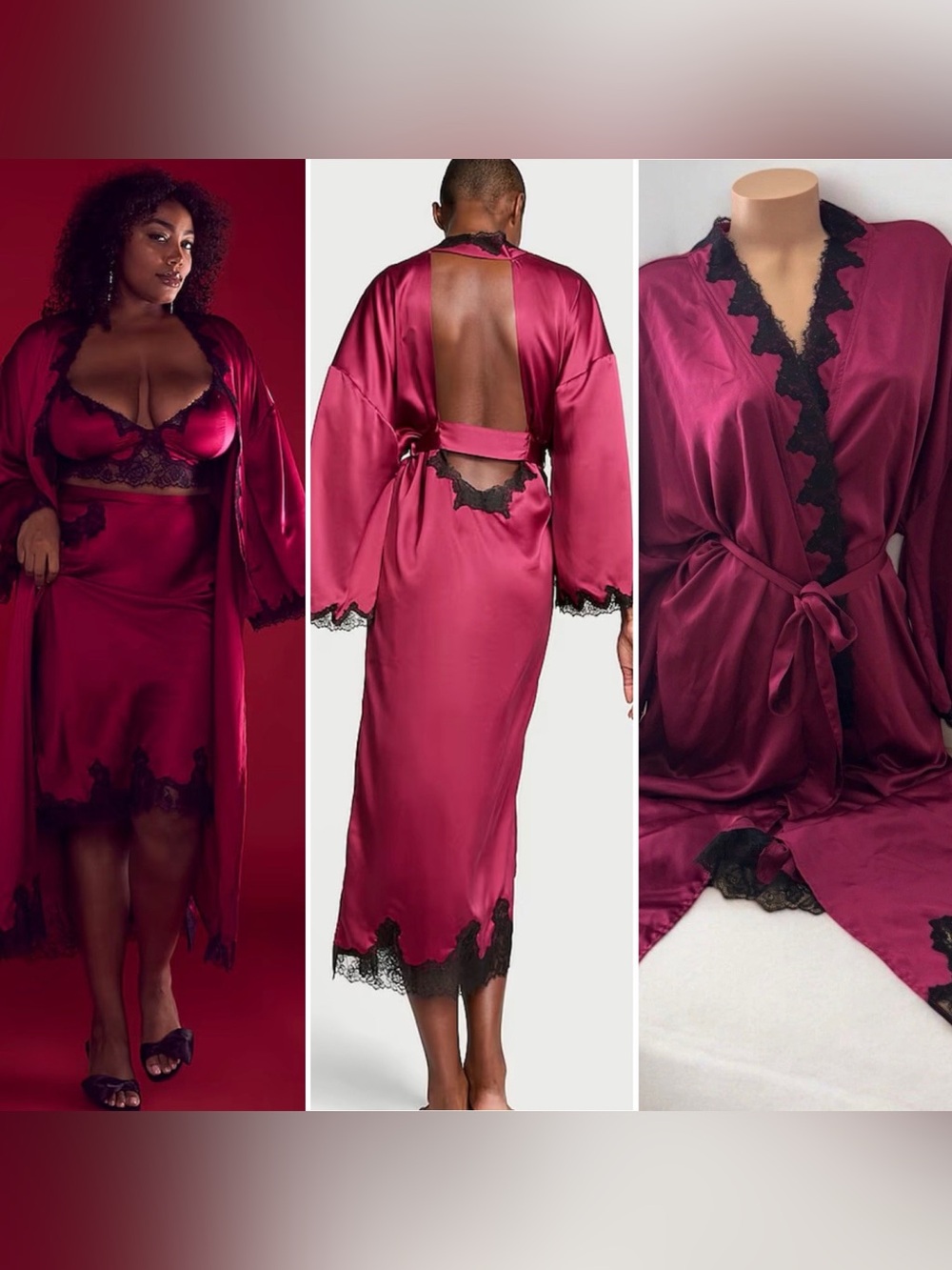 Victoria's Secret Lace Trim Open Back Long Satin Robe Campari Red M/L